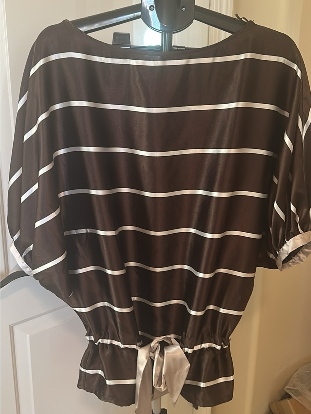 Zara Brown Satin Blouse with White Stripes and Tie